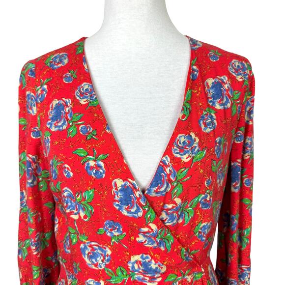 Zara | Red Floral Print Long Sleeve V-neck Crossover Mini Romper Dress - Picture 4 of 13